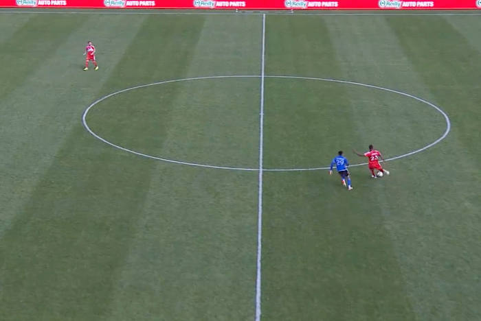 Kellyn Acosta pictured (right) moments before he scored from his own half for Chicago Fire against Montreal in March 2024